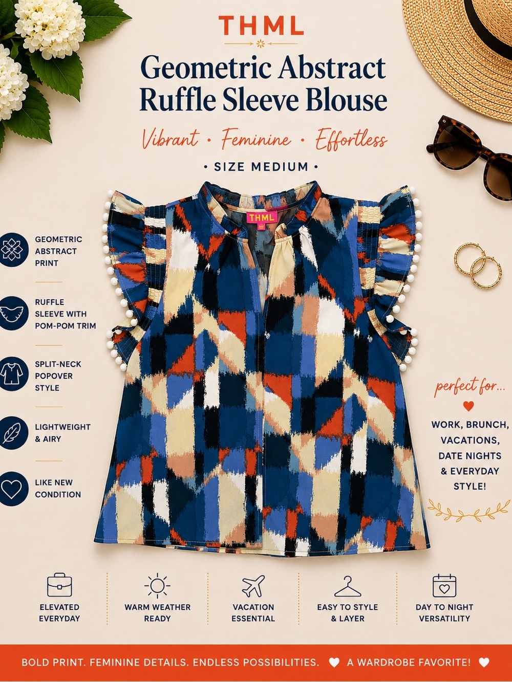 THML Women’s Abstract Print Ruffle Sleeve Blouse Blue - Orange - Cream Size L
